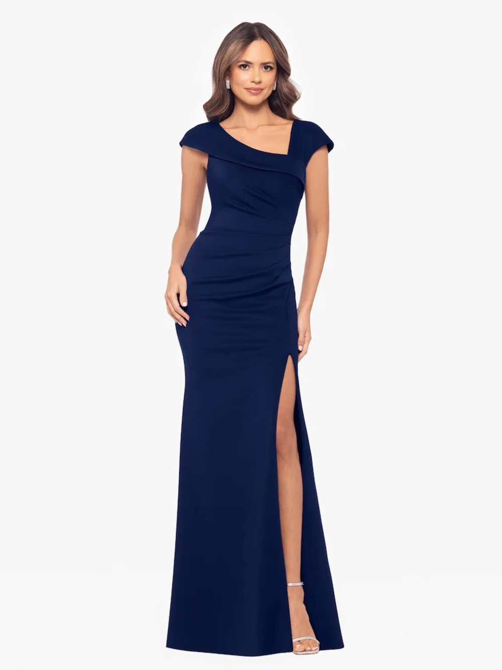 Xscape Navy One-Shoulder Evening Gown with Side Slit